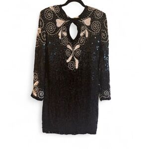Vintage Patchouli Silk Beaded Sequin Keyhole Cocktail Mini Dress Black L